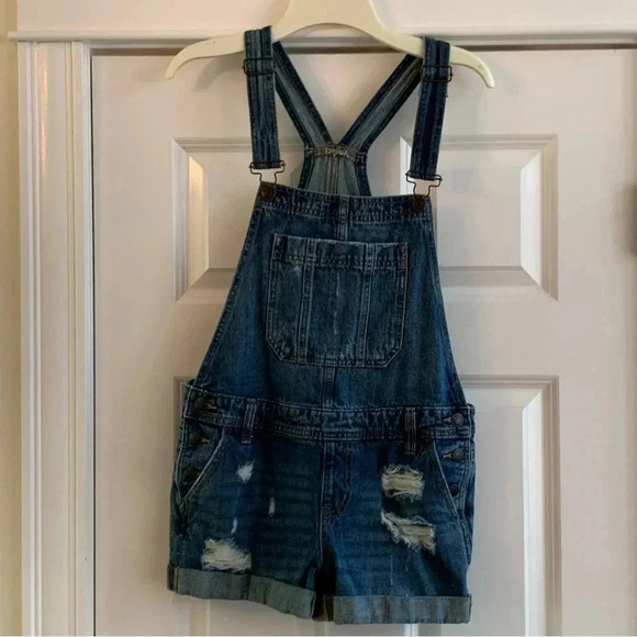 Aeropostale Overalls Shorts Womens Size Small Distressed Denim Jeans Shortalls - Picture 1 of 7